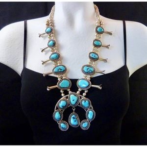 230g Vintage Navajo Sterling Silver Squash Blossom Necklace w Blue Turquoise